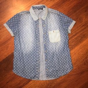 Denim short sleeve button up stripes and polkadots